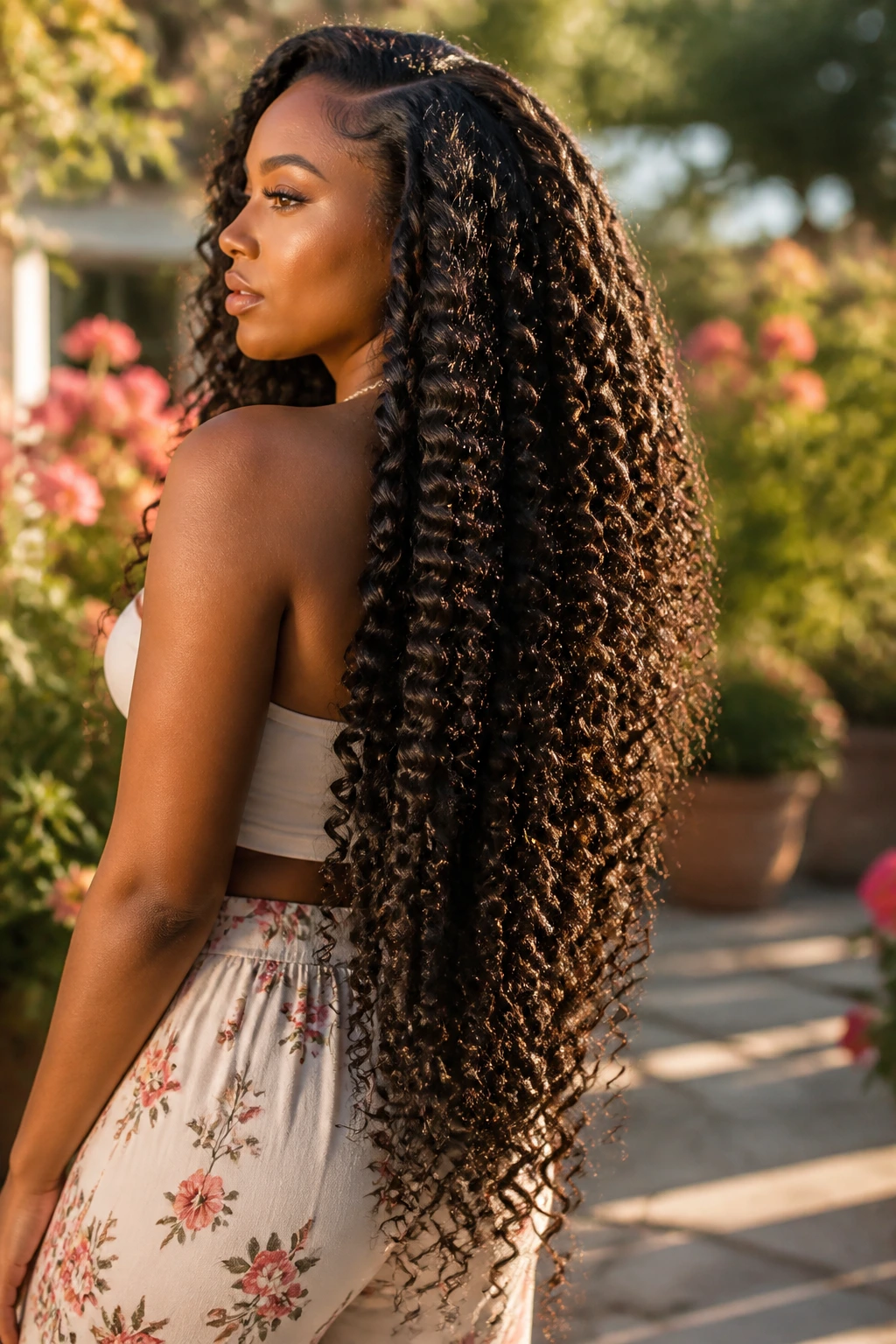 Real woman with hip-length spiral curls outdoors in golden hour light