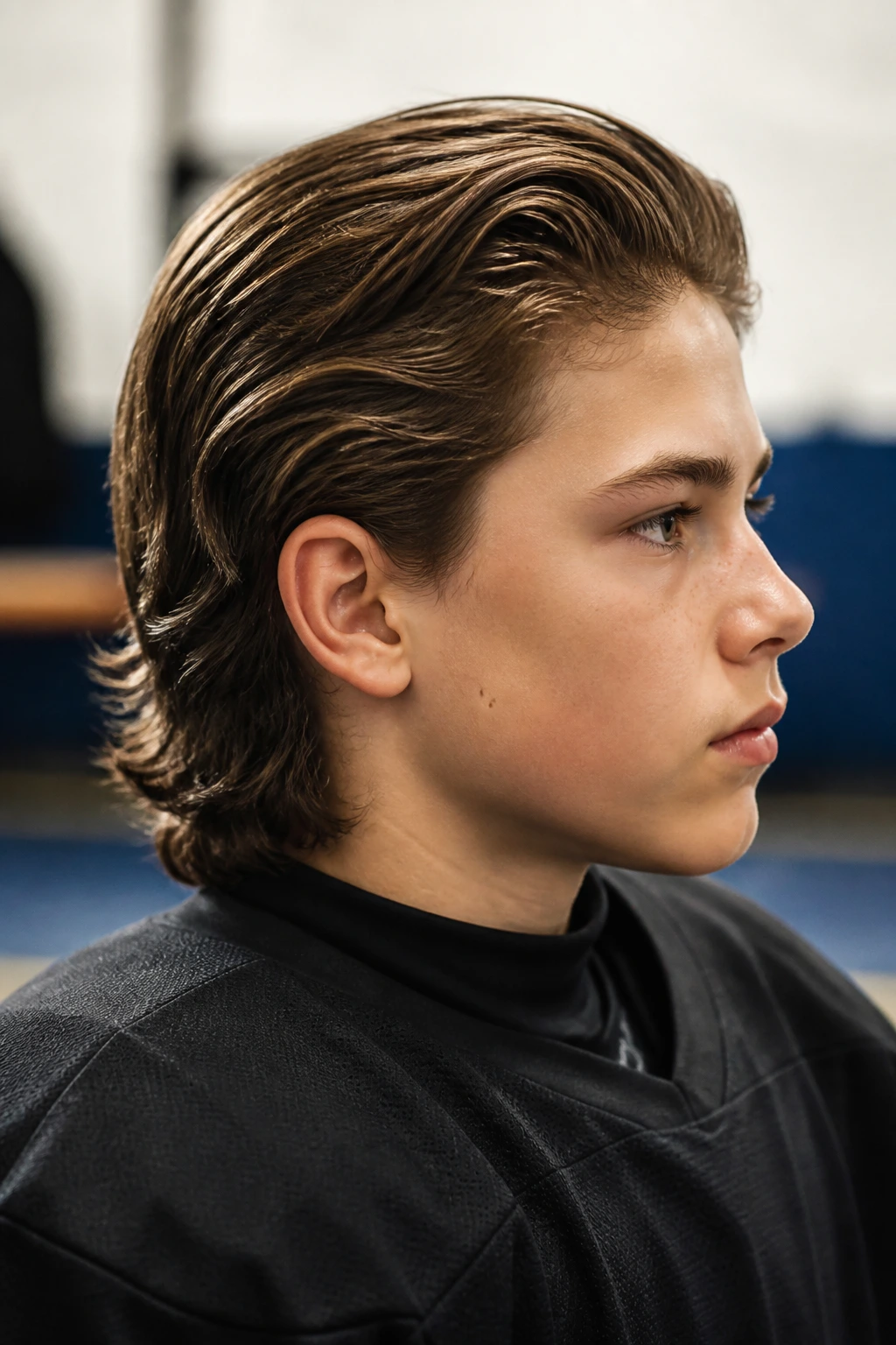 Close-up portrait of a real boy with hockey flow hairstyle.