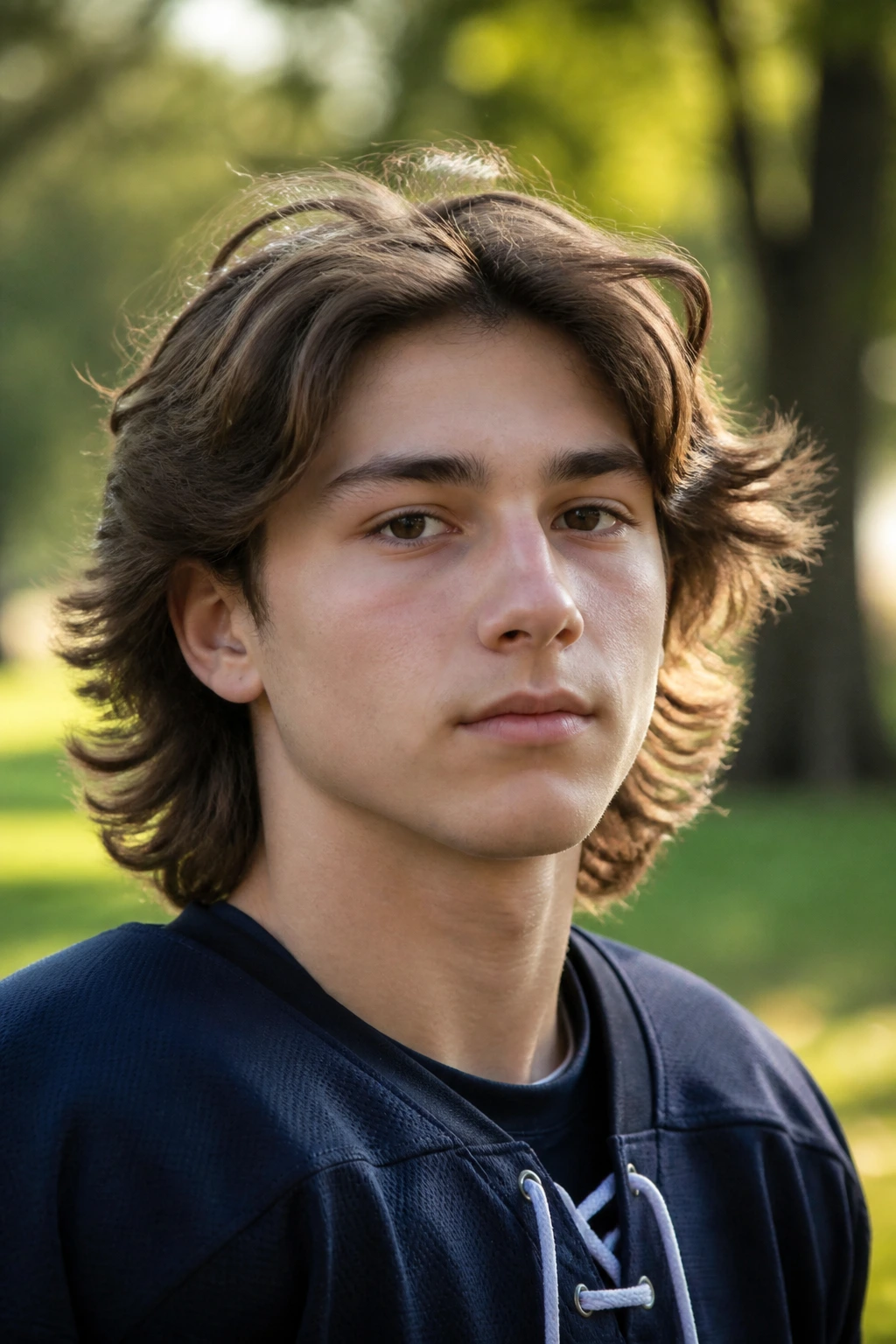 Close-up portrait of a teen boy with hockey flow hairstyle reaching collar length