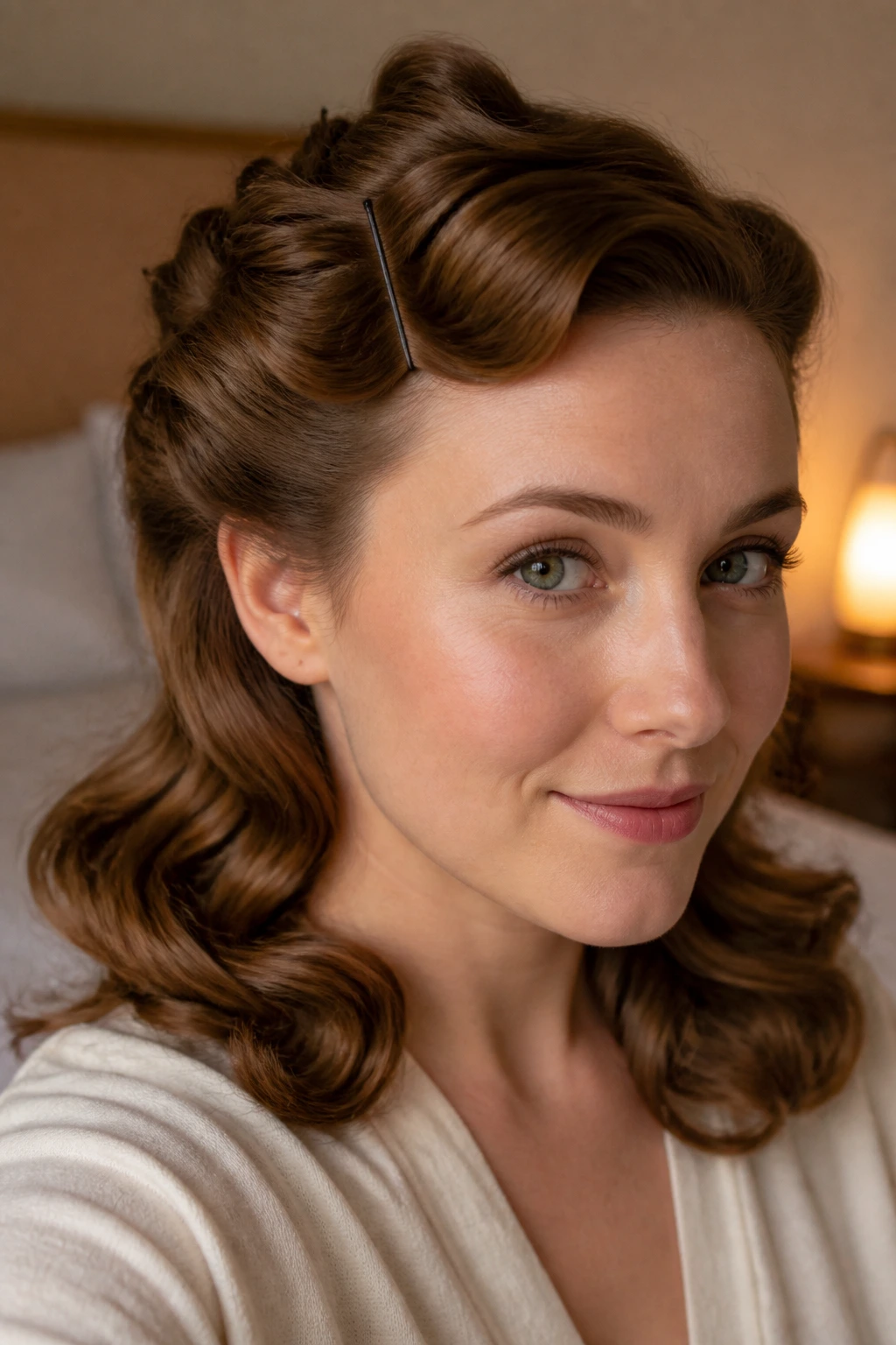 Portrait showing retro waves pinned at the crown for hold.