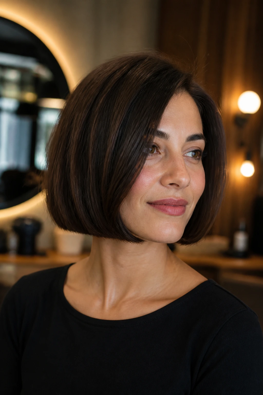 Real woman with strong perimeter blunt bob in a salon setting