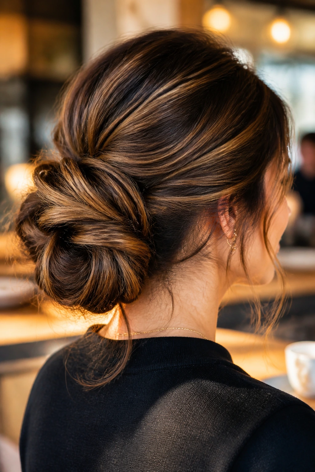 Close-up of a real woman's head in a polished bun with caramel highlights in a warm cafe setting.