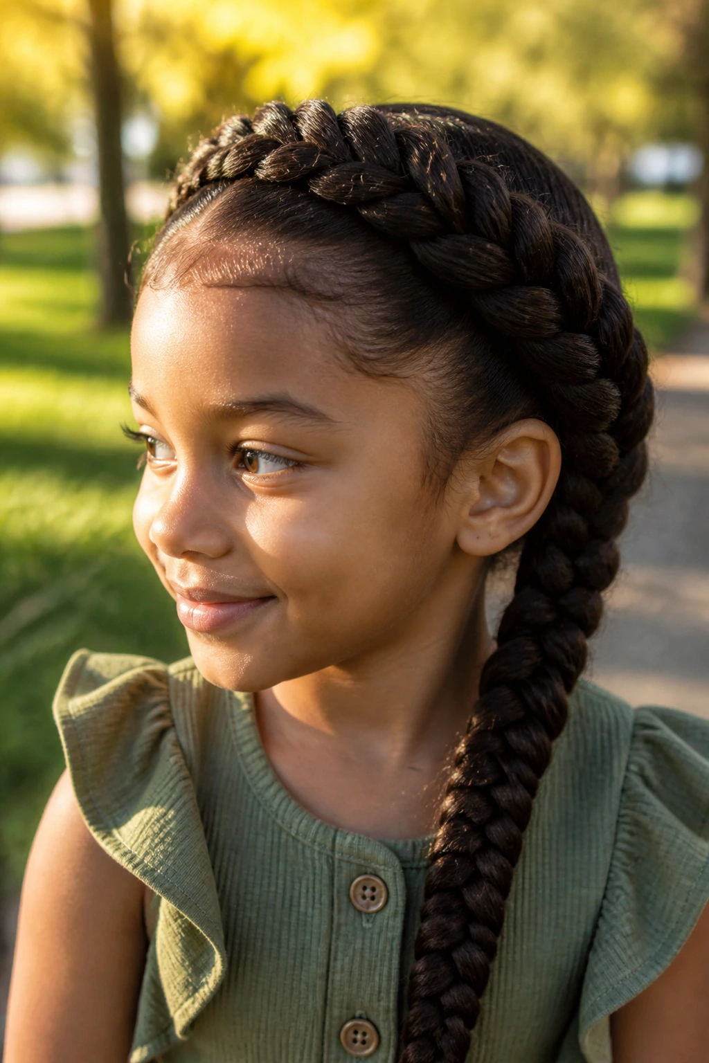 Child with crown/dual fishtail braids in a sunny outdoor setting