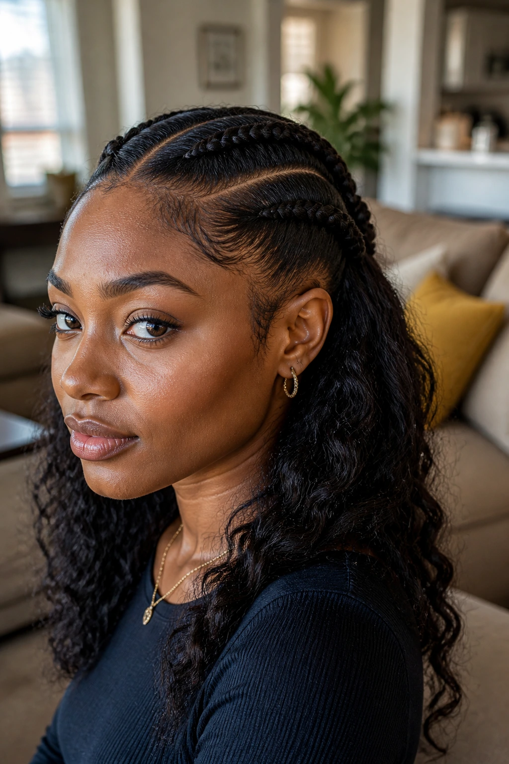 Close-up of a real woman with double Dutch braids on wavy hair
