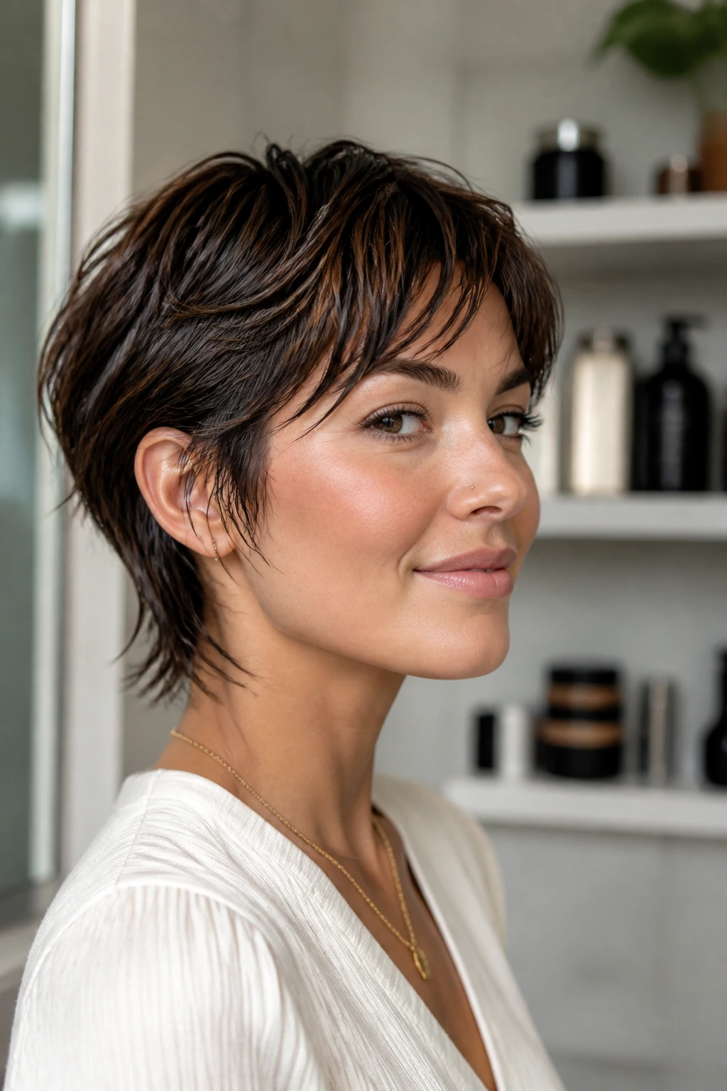 Real person with glossy short layered hair illustrating hold, shine, and slip