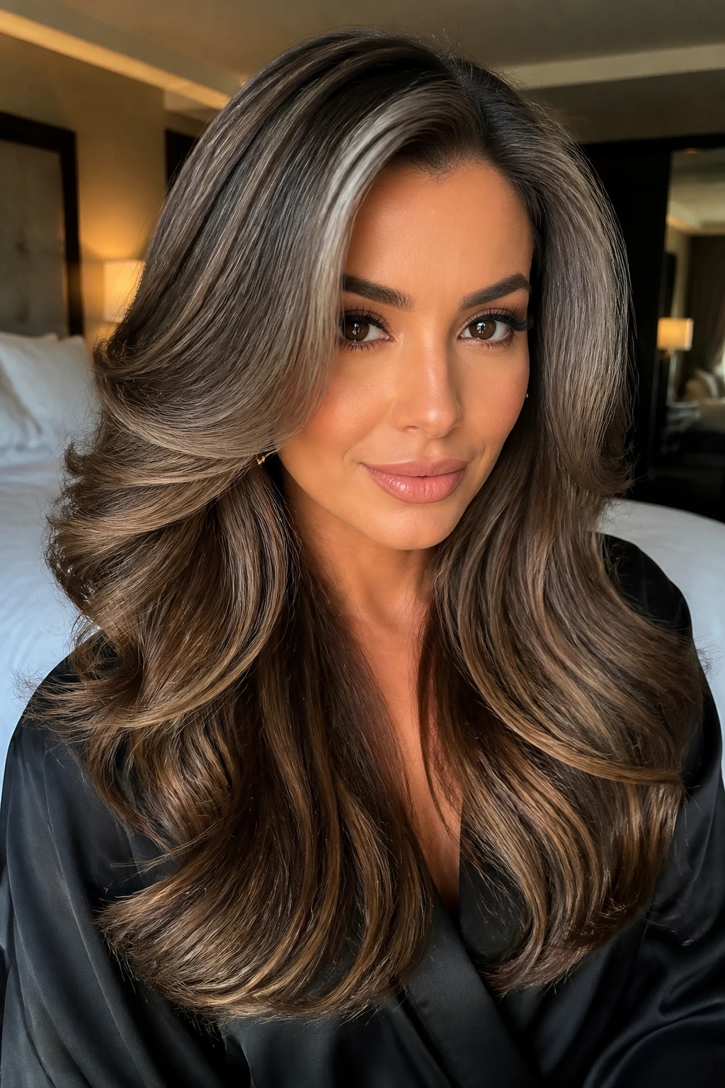 Real woman with Hollywood-style blowout and smoke-grey ribbons.