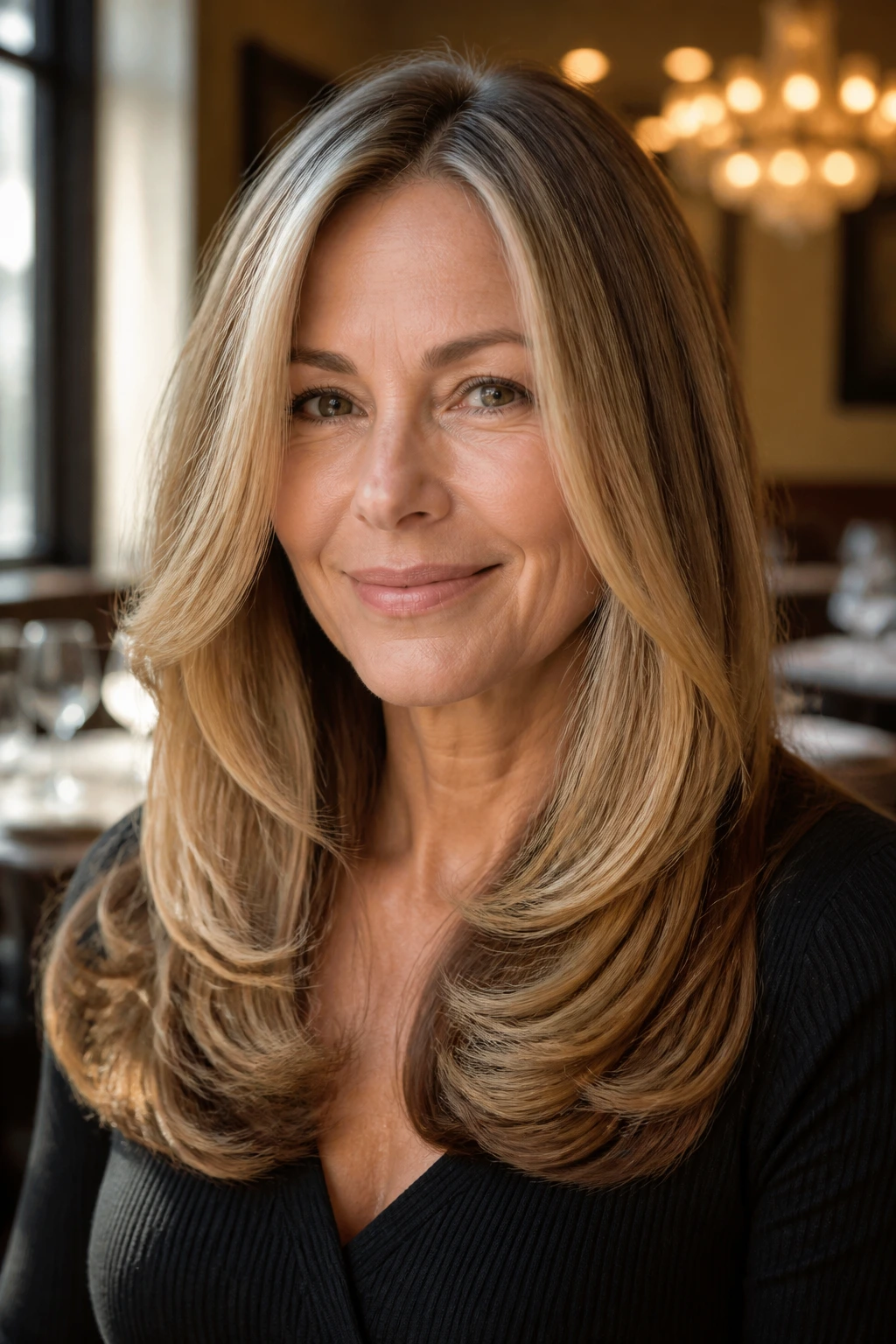 Close-up portrait of a real woman with Hollywood Blowout rounded ends in warm indoor light.