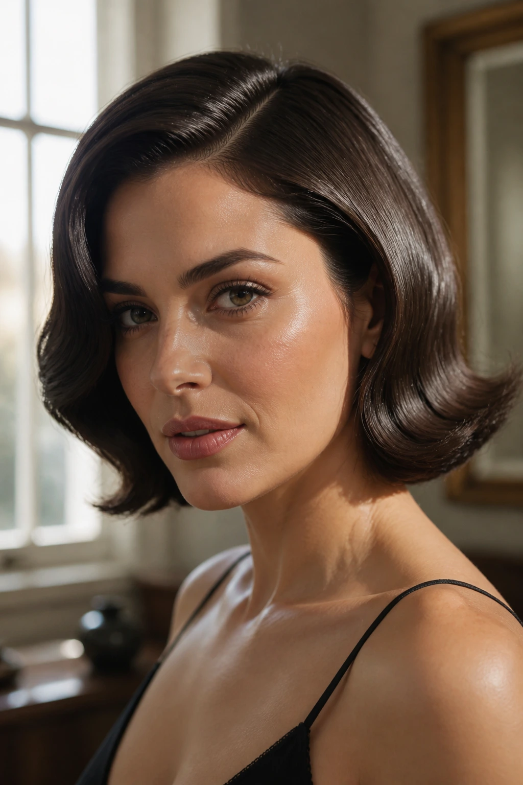 Real woman with glossy Hollywood bob and bend in warm light.