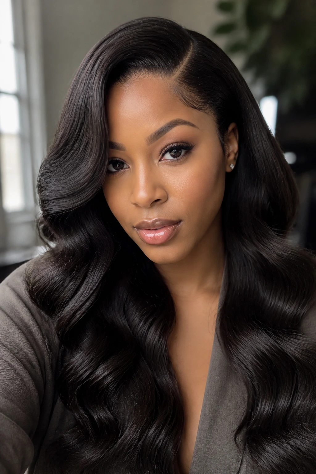Close-up of a real woman with Hollywood closure waves and a deep part