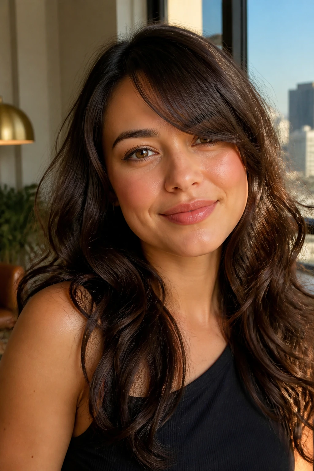 Real woman with Hollywood sweep bangs in a softly lit urban apartment