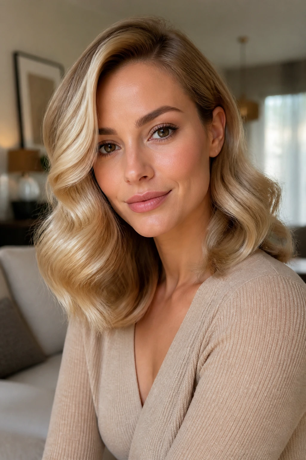 Shoulder-length waves with beige gloss on a real woman in warm interior light