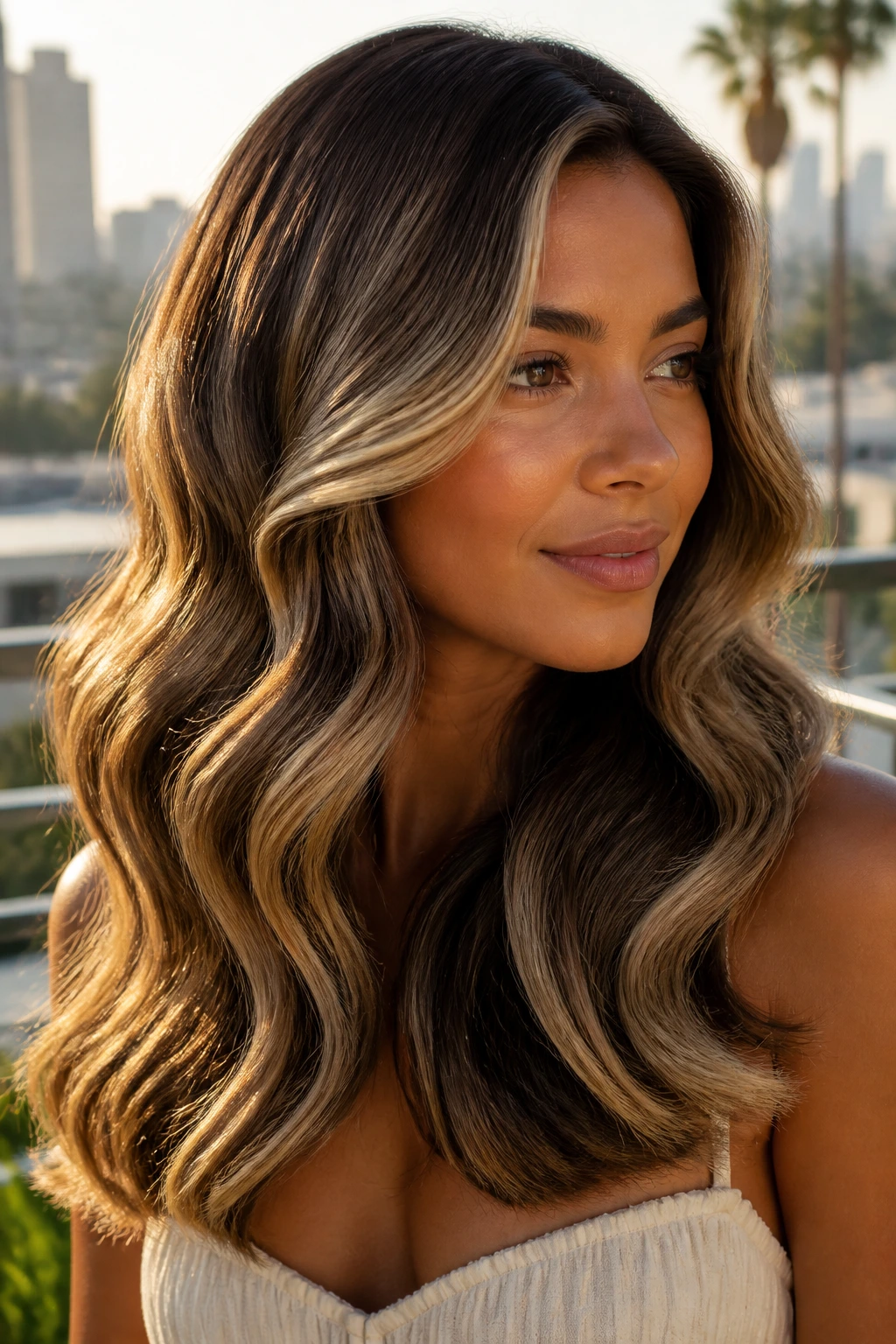 Close-up of real woman with buttery Hollywood waves and golden highlights