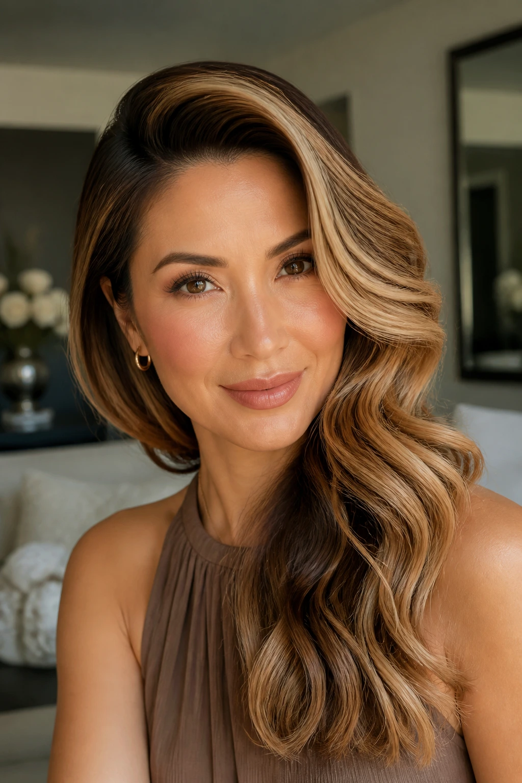 Real woman with deep side-part Hollywood waves and warm balayage