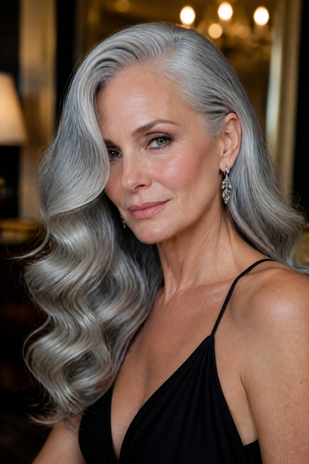 Close-up portrait of a real woman with side-parted Hollywood waves in gray hair