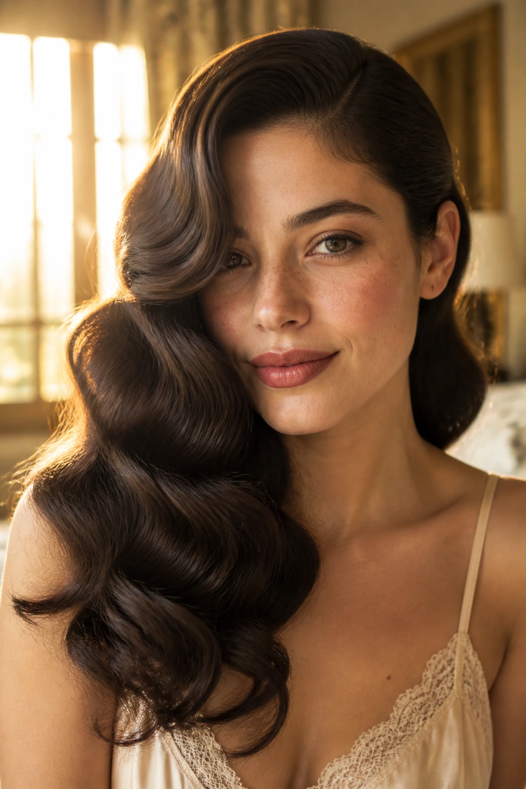 Close-up portrait of a real woman with brushed-out Hollywood waves and a side part.