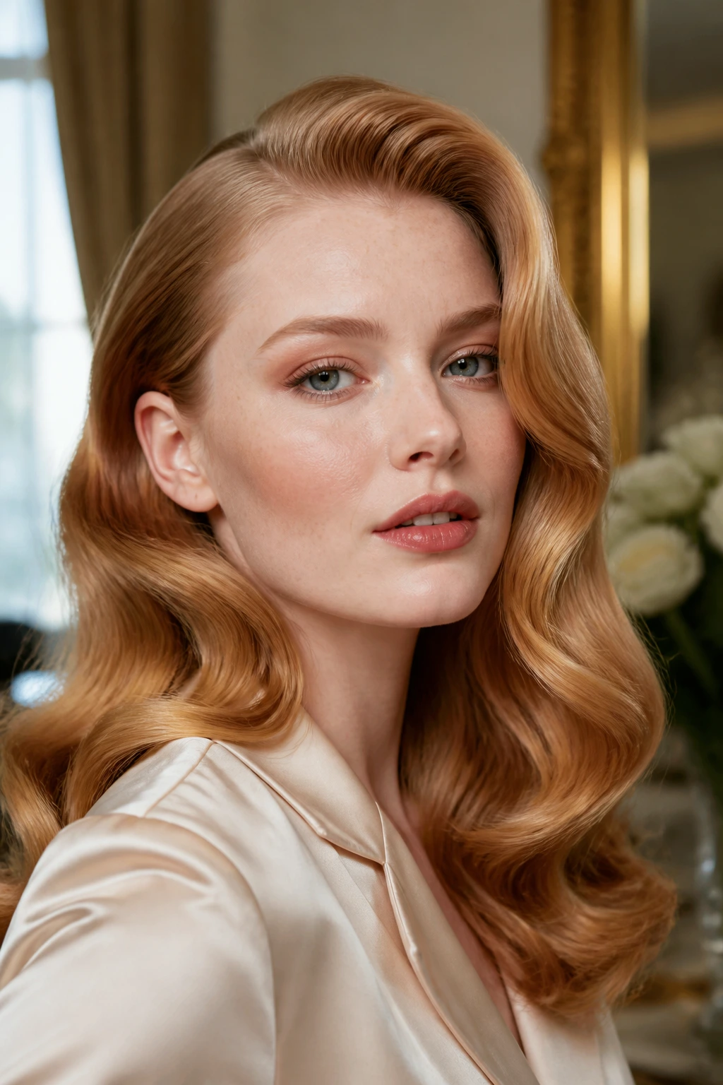 Close-up portrait of a woman with deep side-part Hollywood waves in strawberry blonde.