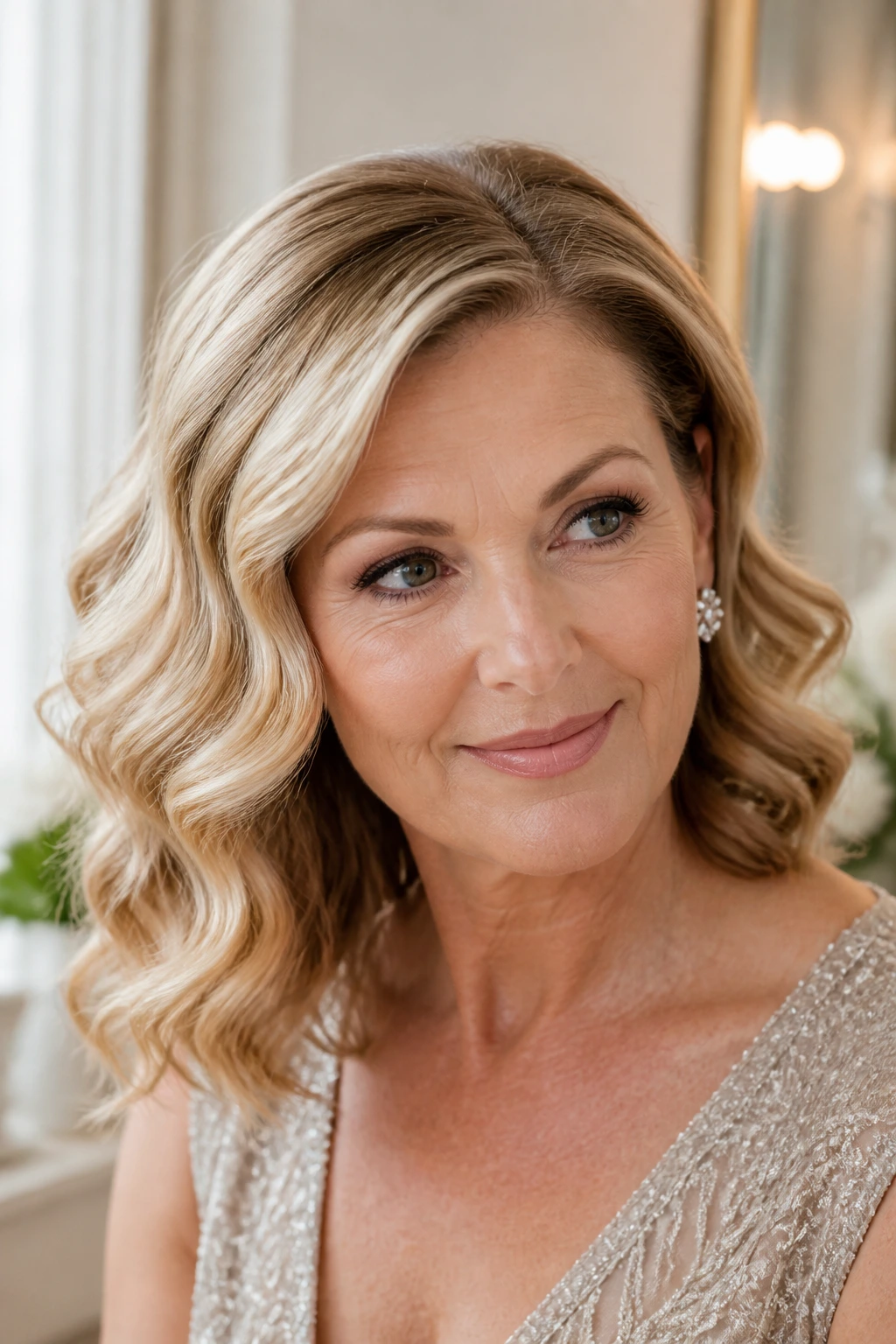 Portrait of a real woman with glossy Hollywood waves and a side part