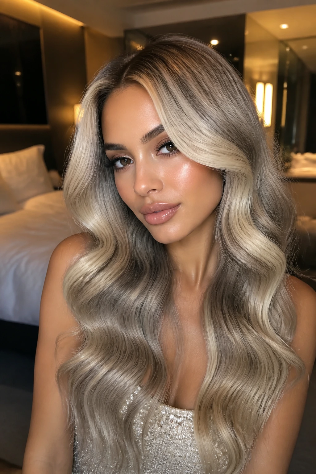 Real woman with Hollywood waves and smoke lowlights in a luxurious indoor setting