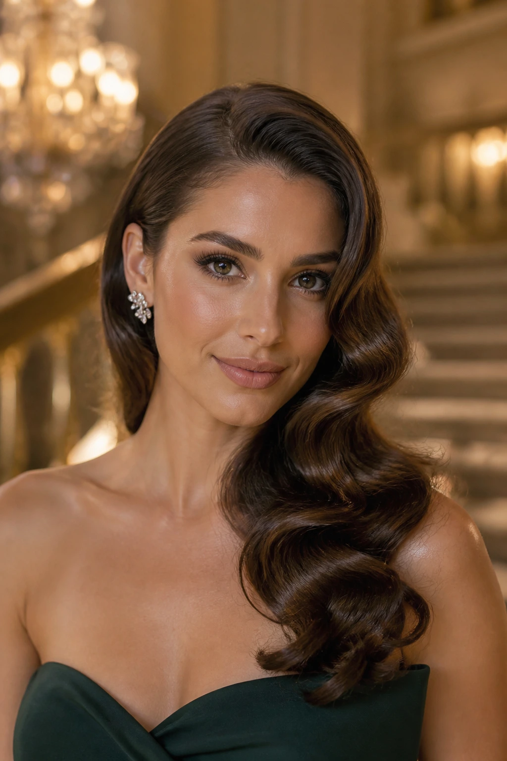Portrait of a real woman with deep side part and side-swept Hollywood waves