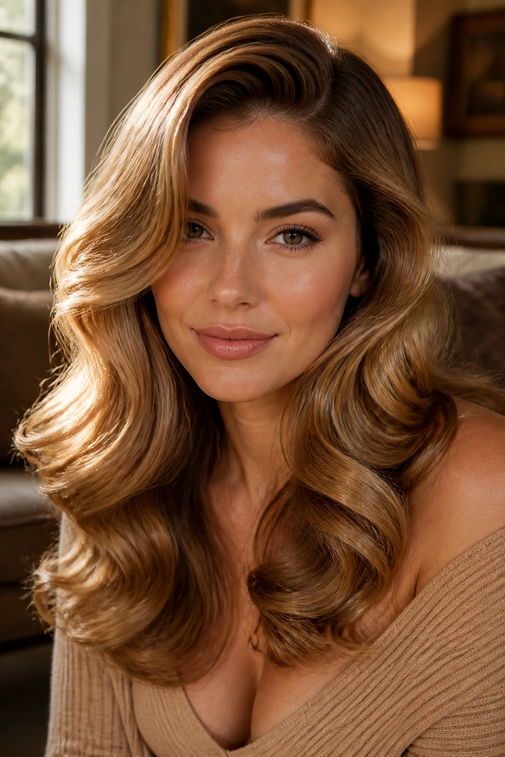 Close-up of a real woman with Brushed-Out Hollywood Waves under warm window light