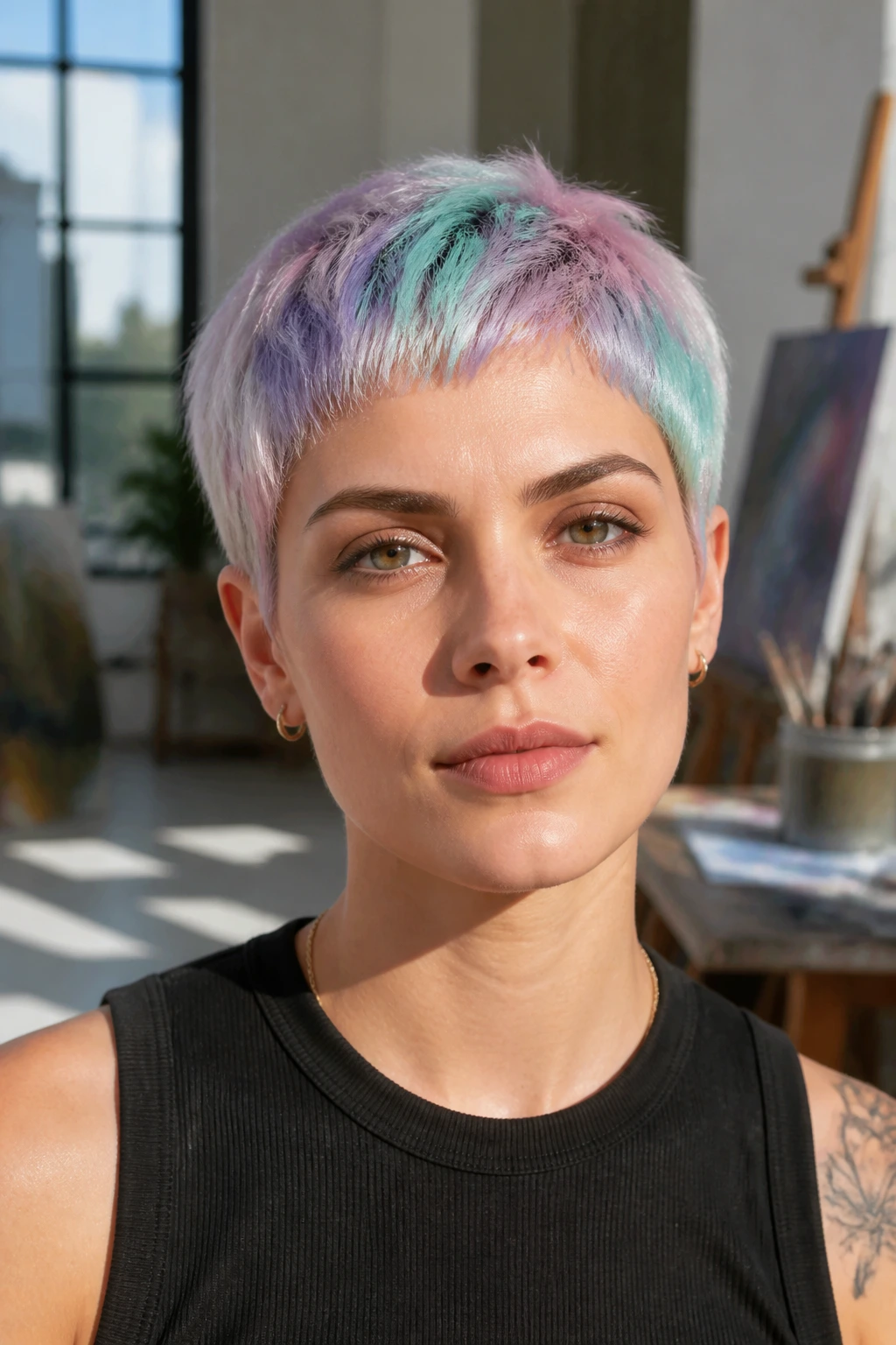 Close-up of a real person with holographic pastel micro crop showing mint, lavender, blush, and icy blue panels