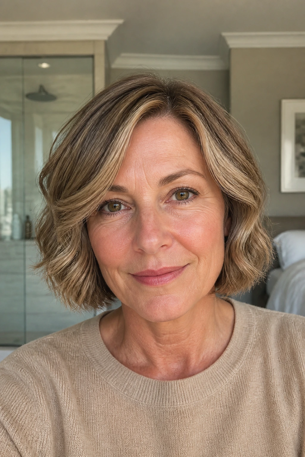 Close-up of a real woman maintaining a soft wavy bob at home