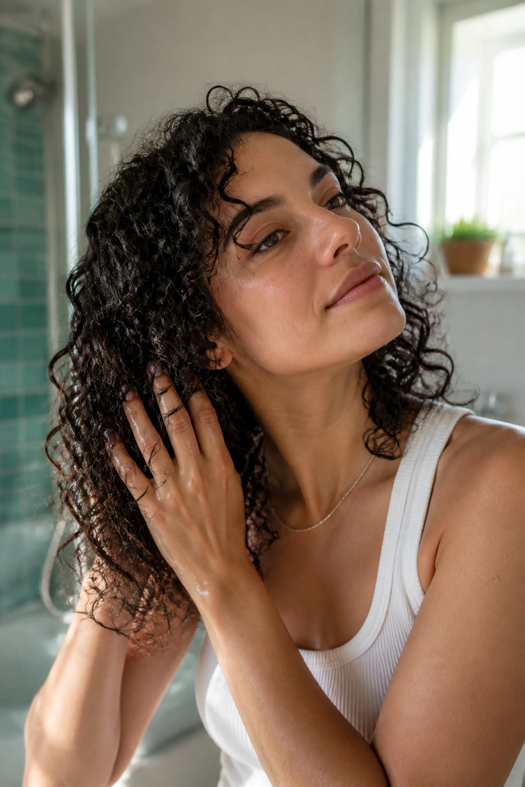 Woman styling curly hair at home in a bright bathroom