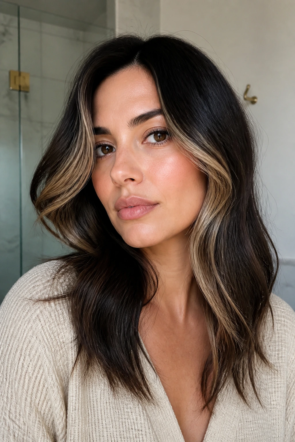 Close-up portrait of a real woman with dark hair and blonde face-framing in a home bathroom