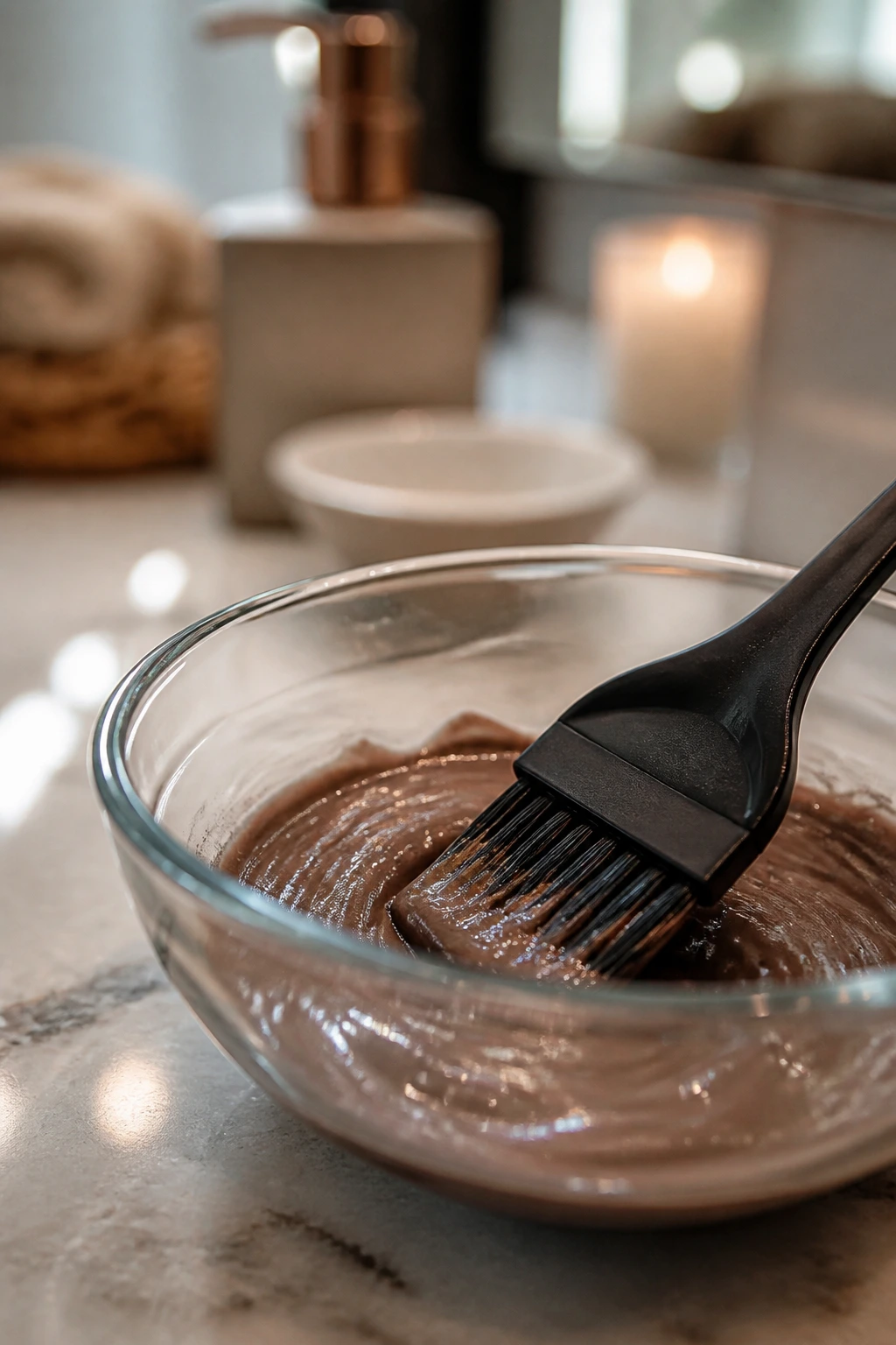 Macro shot of a tint brush in a mixing bowl on a bathroom counter