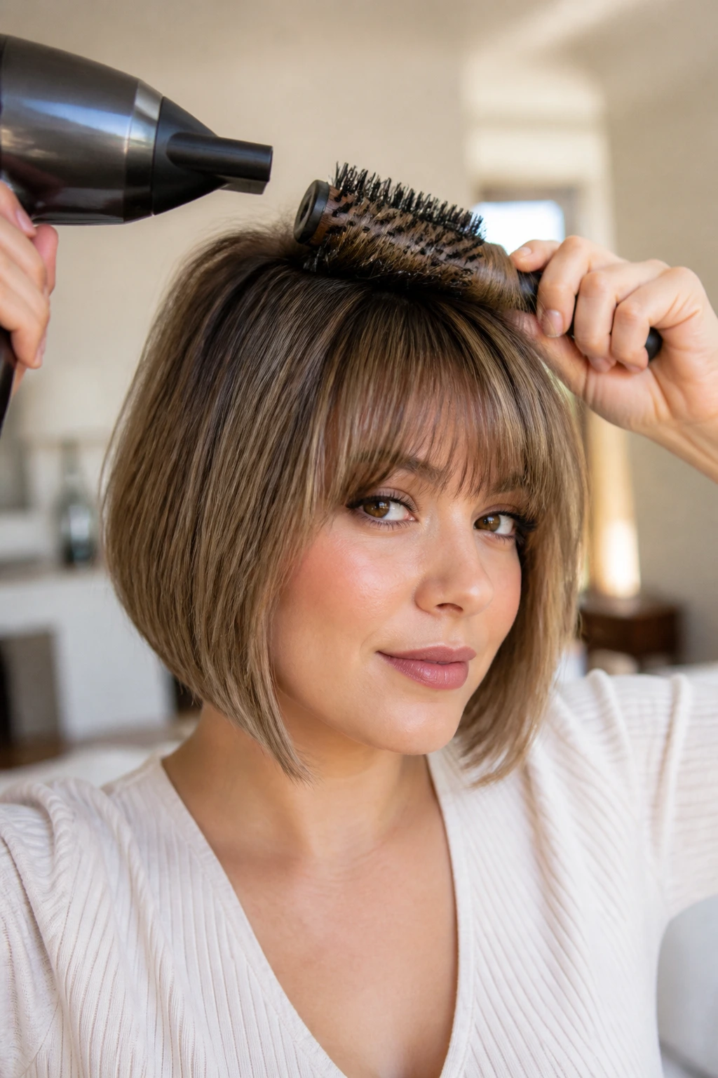 Portrait of a real woman styling an A-line bob at home