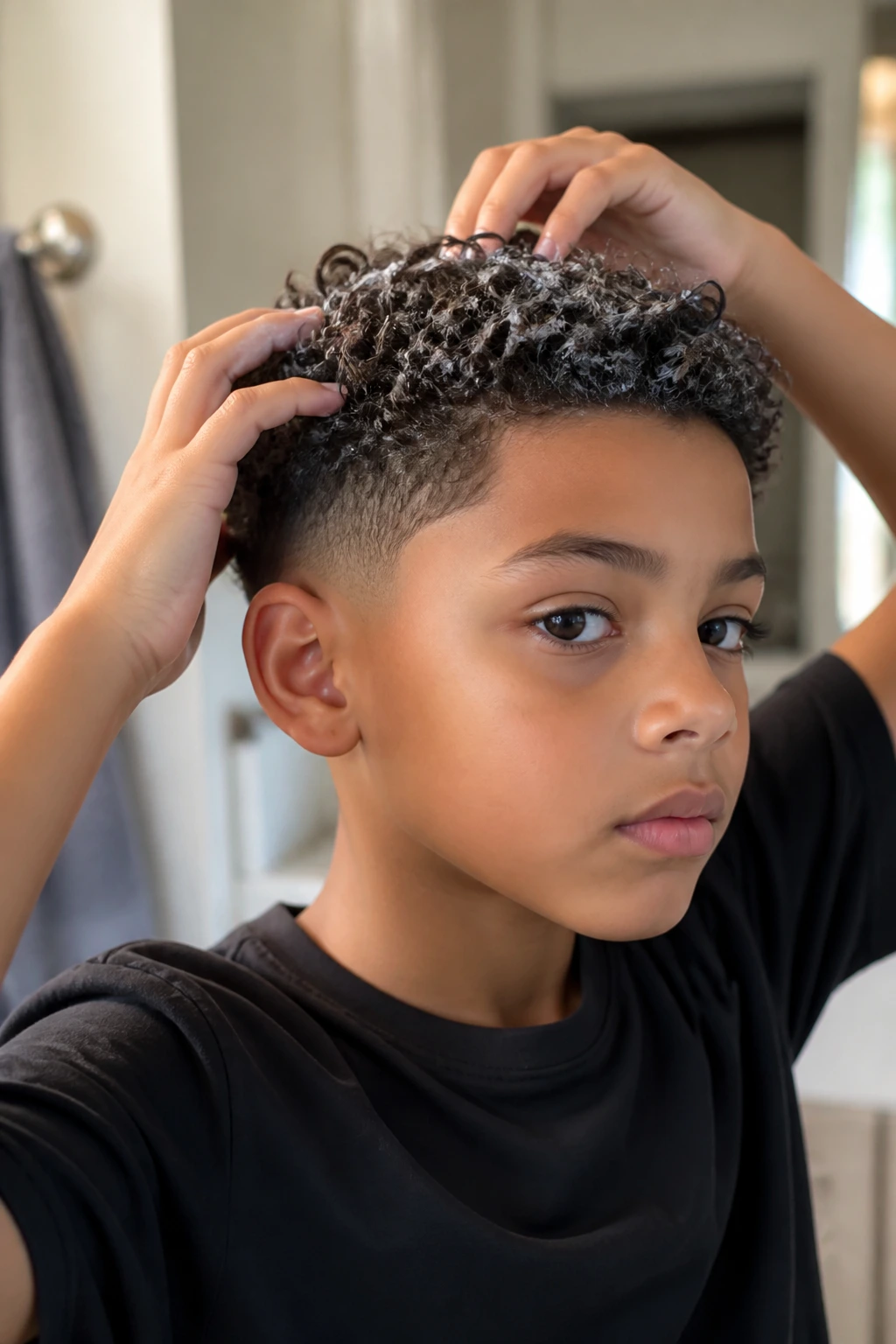 Child styling damp curls at home with leave-in conditioner