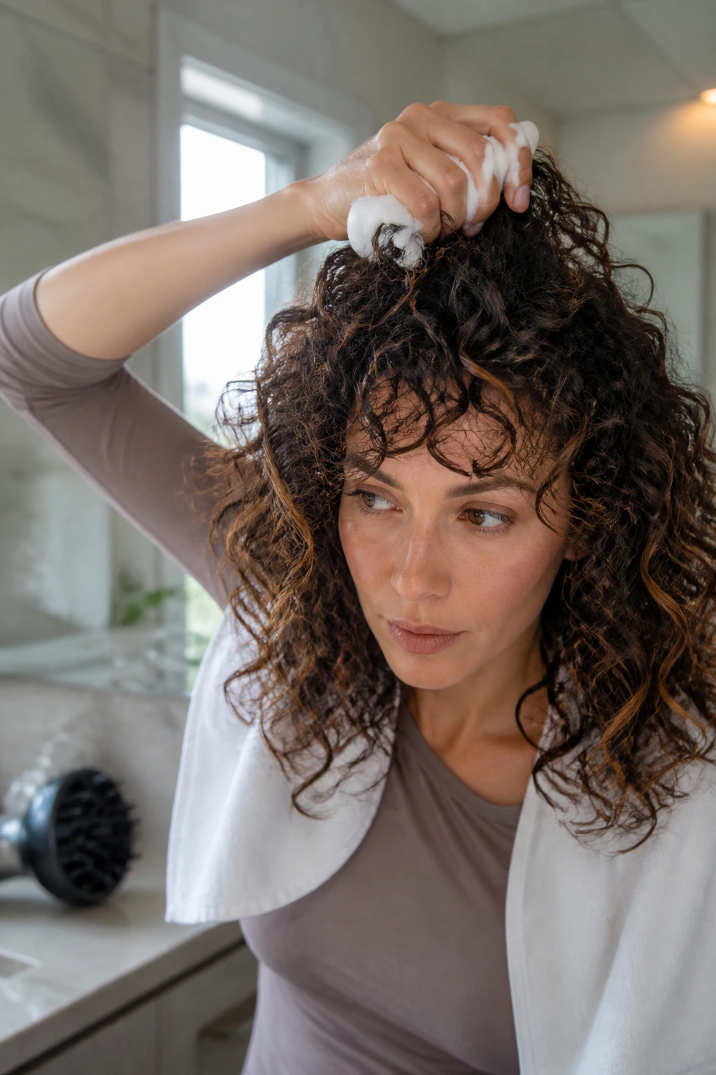 Close-up of a real person applying styling product to damp curls at home