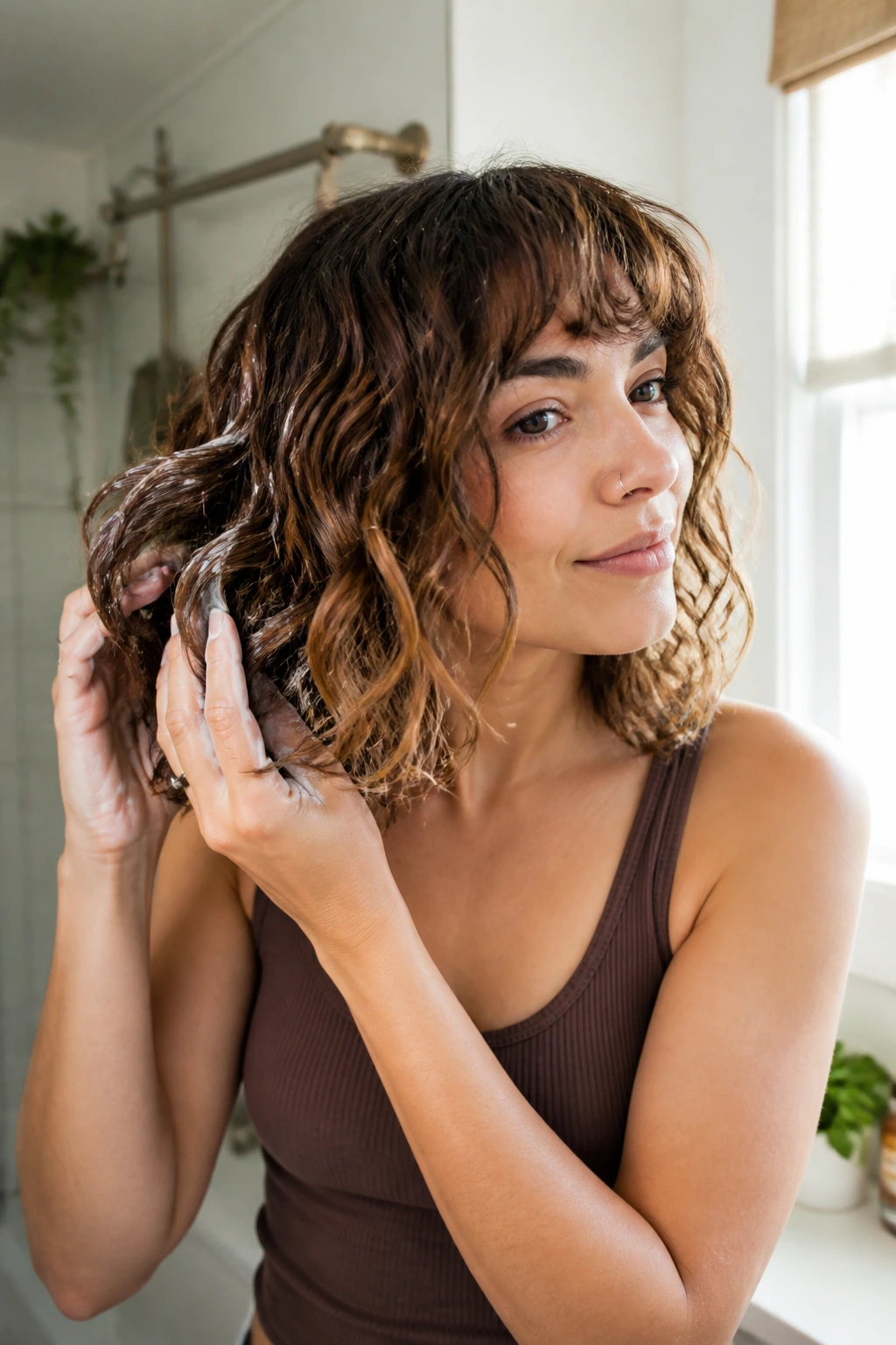 Person styling a curly lob at home in a bathroom