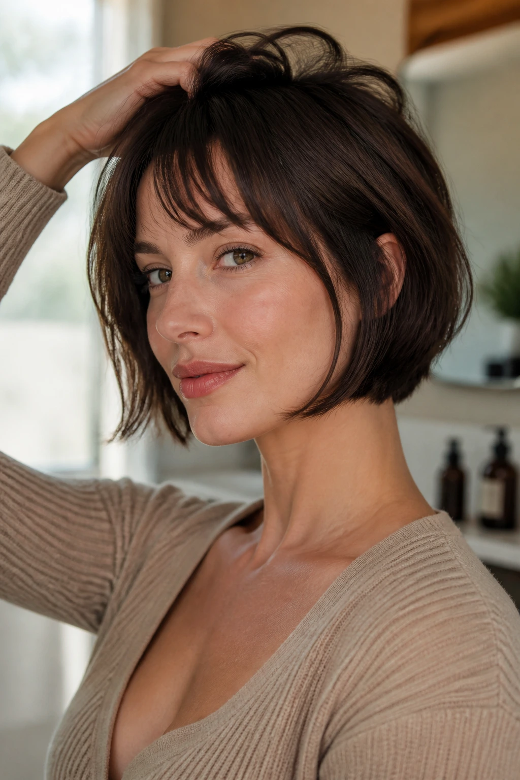 Portrait of a real woman with a home-styled French bob in soft daylight.