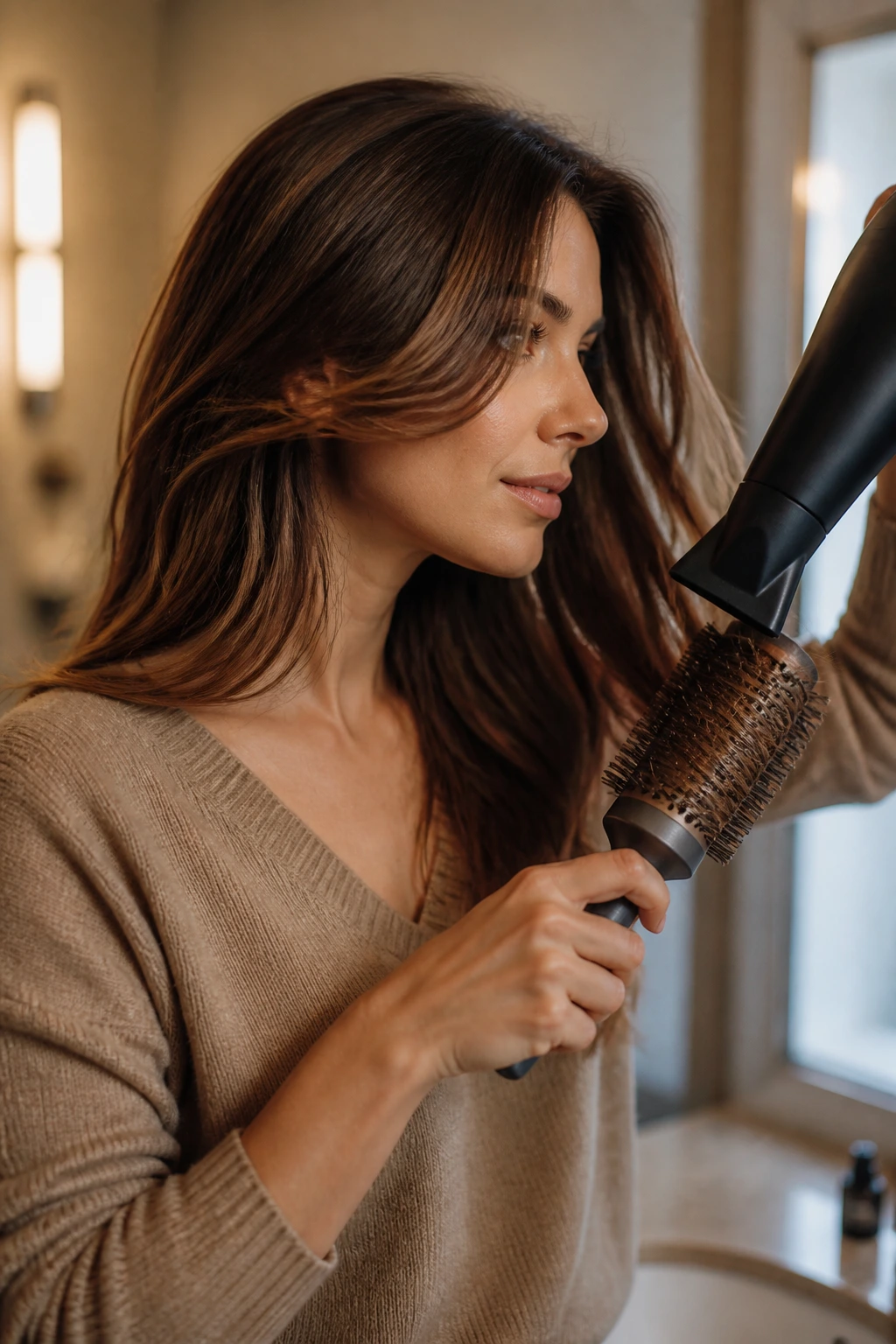 Real woman styling her side-swept front pieces at home in a bathroom.