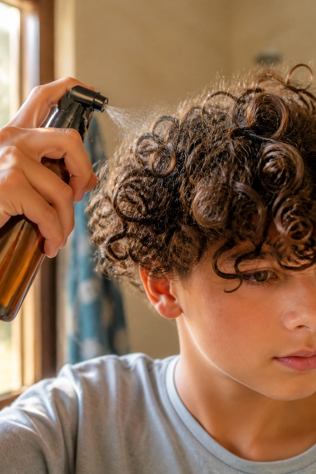 Hand with spray bottle misting curly hair at home