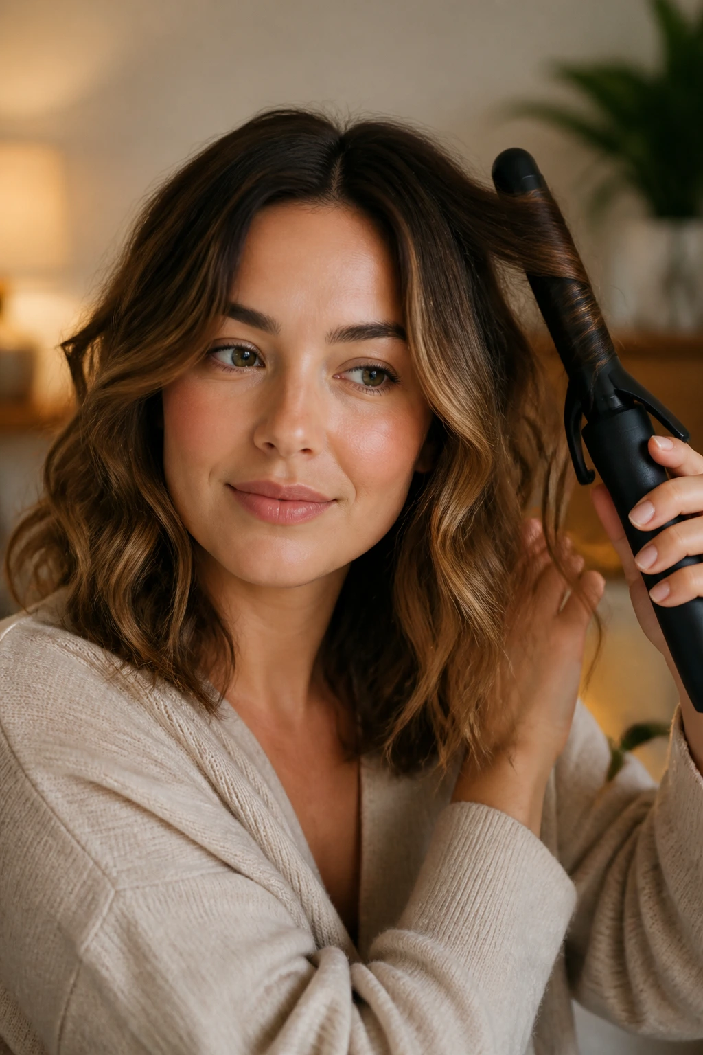 Portrait of a real person with loose waves in a home setting.