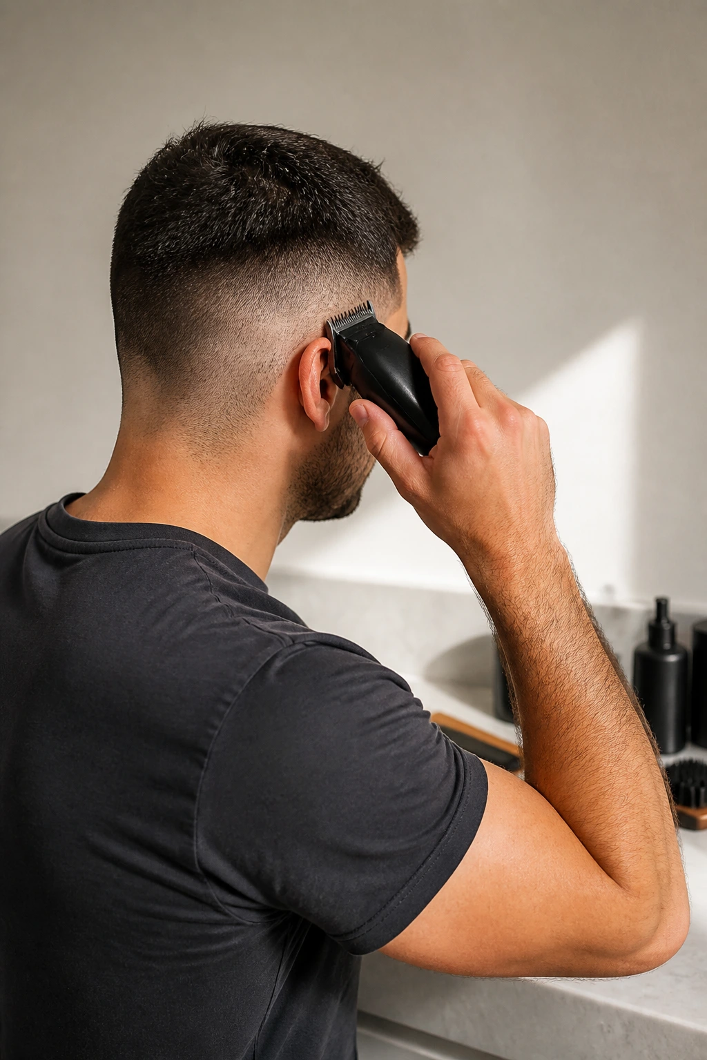 Man trimming hair at home with clipper
