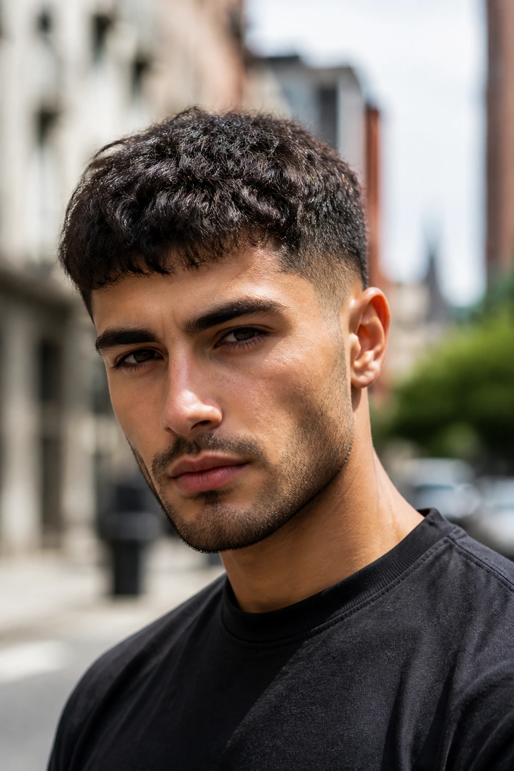 Portrait of man with honest textured crop on city street
