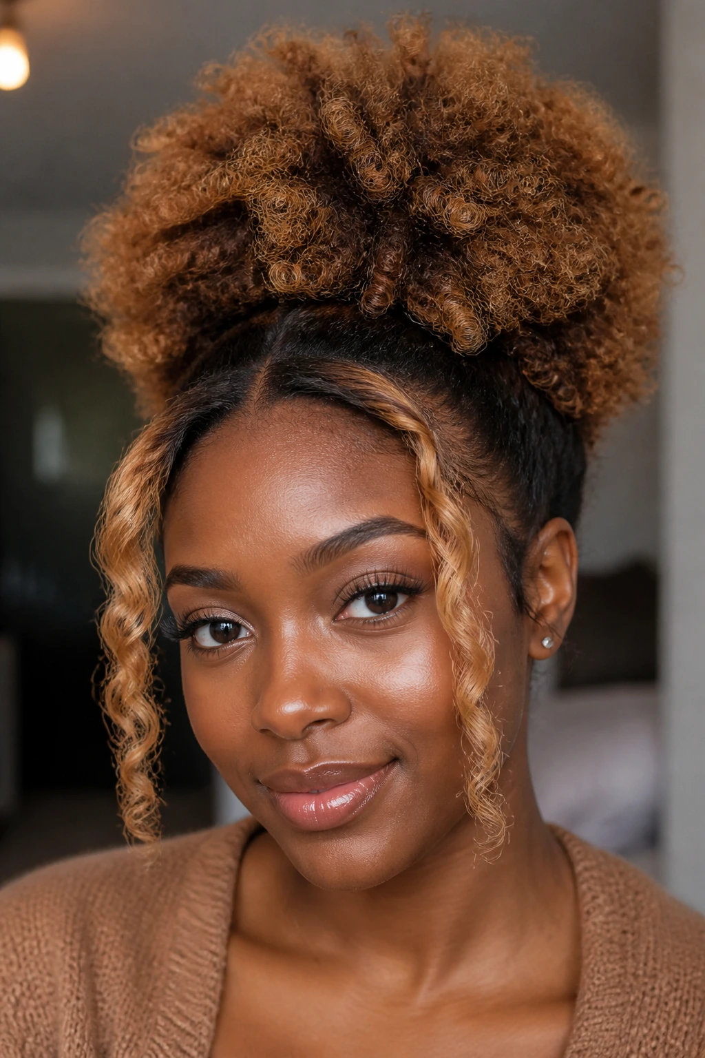 Close-up portrait of a real person with honey halo pieces in an Afro puff framing the face