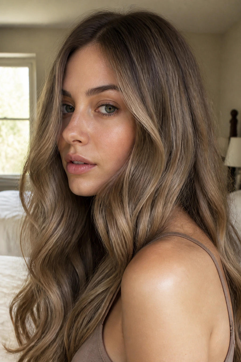 Close-up portrait of a real woman with honey ash bronde hair