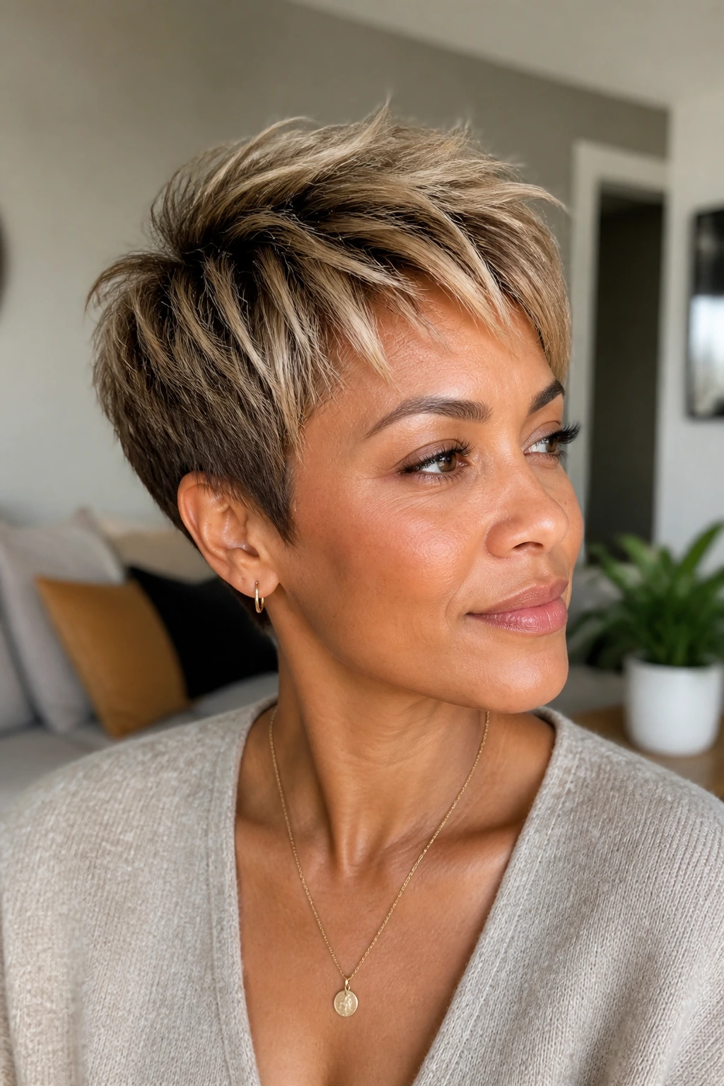 Close-up portrait of a real woman with honey ash textured pixie haircut