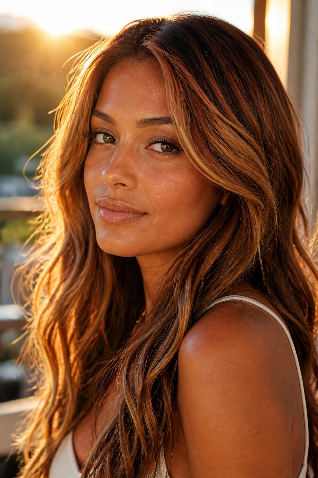 Close-up of honey blonde hair with cinnamon auburn blend in golden hour light