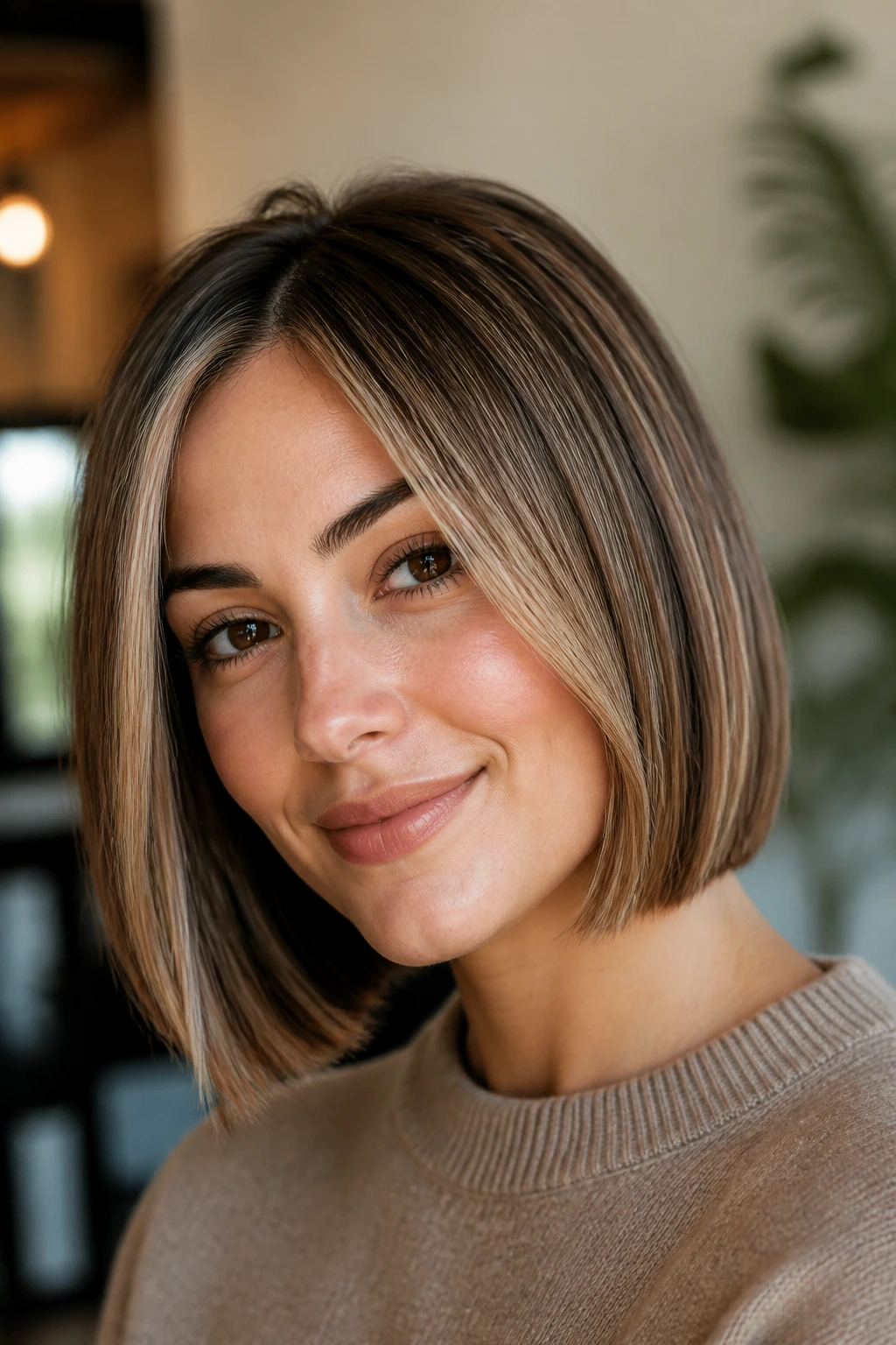 Close-up of a real woman with honey babylights in a jaw-length bob in a warm home setting