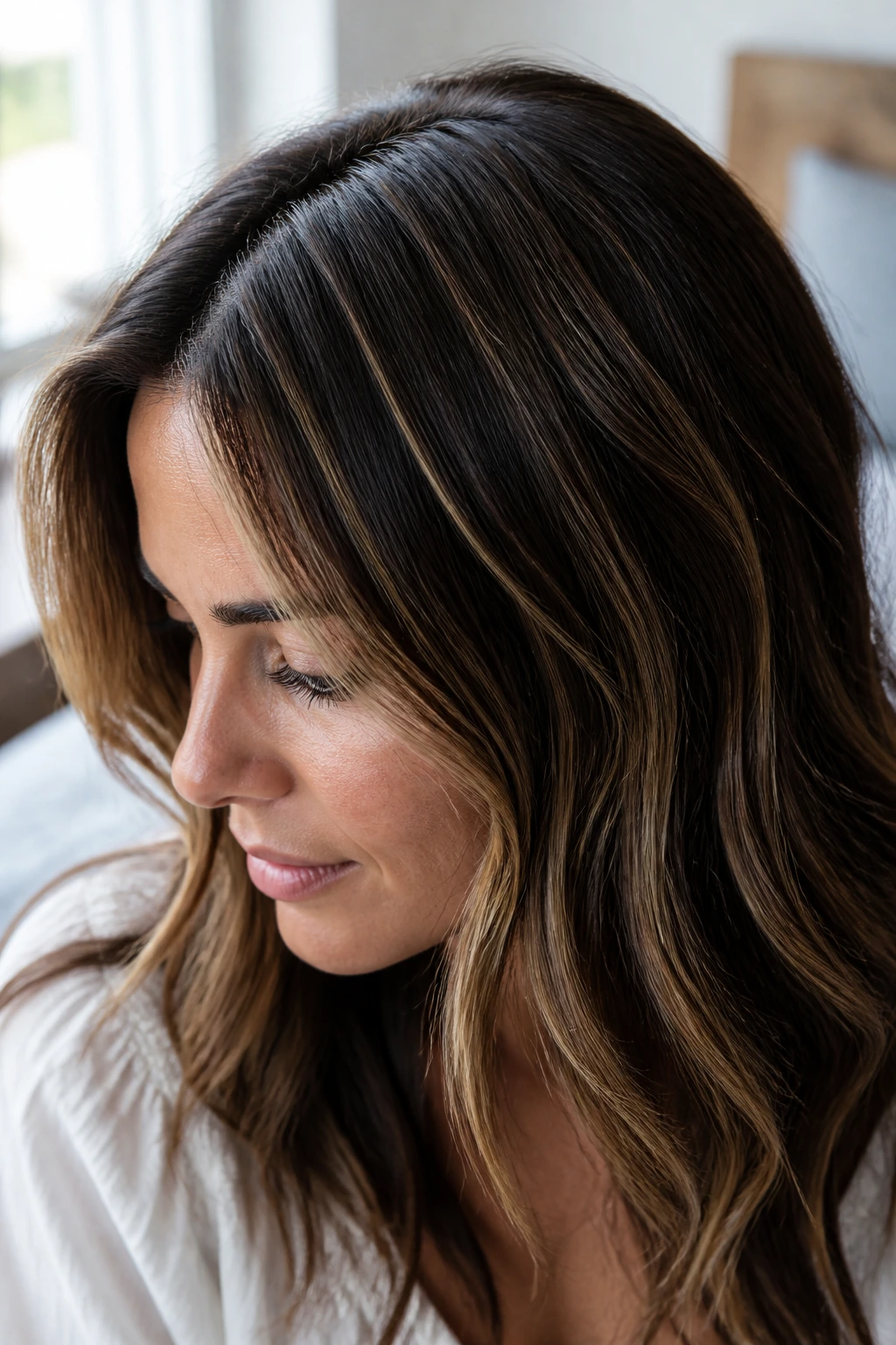 Crown area with honey babylights on dark hair