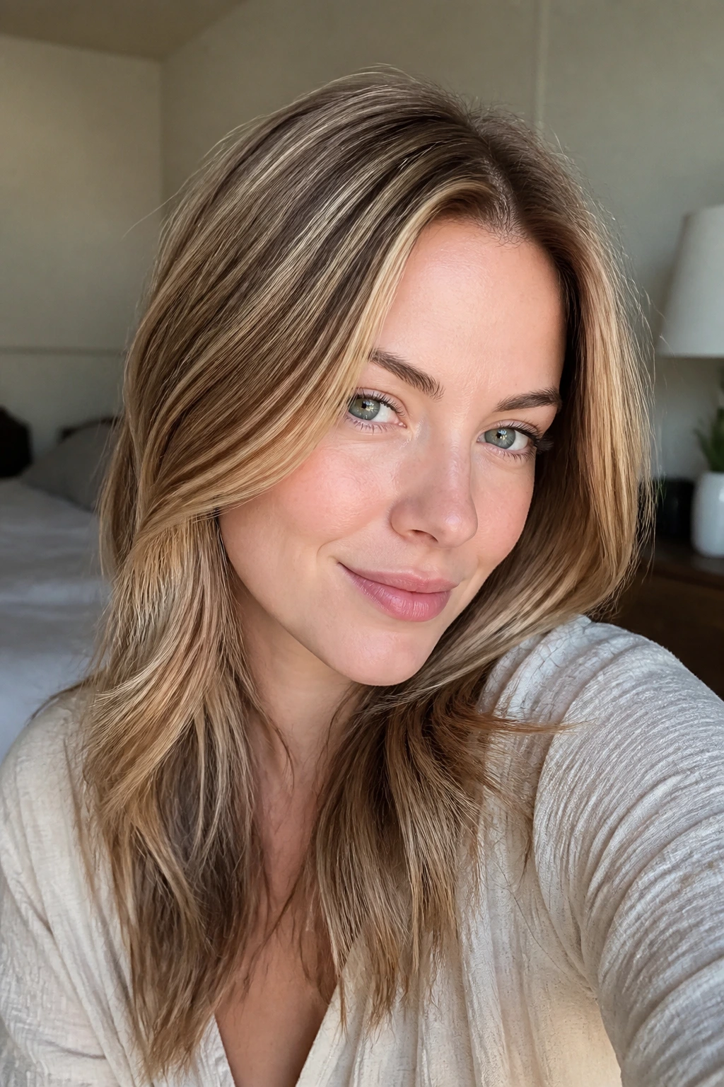 Close-up of a real woman with honey-toned babylights around the face