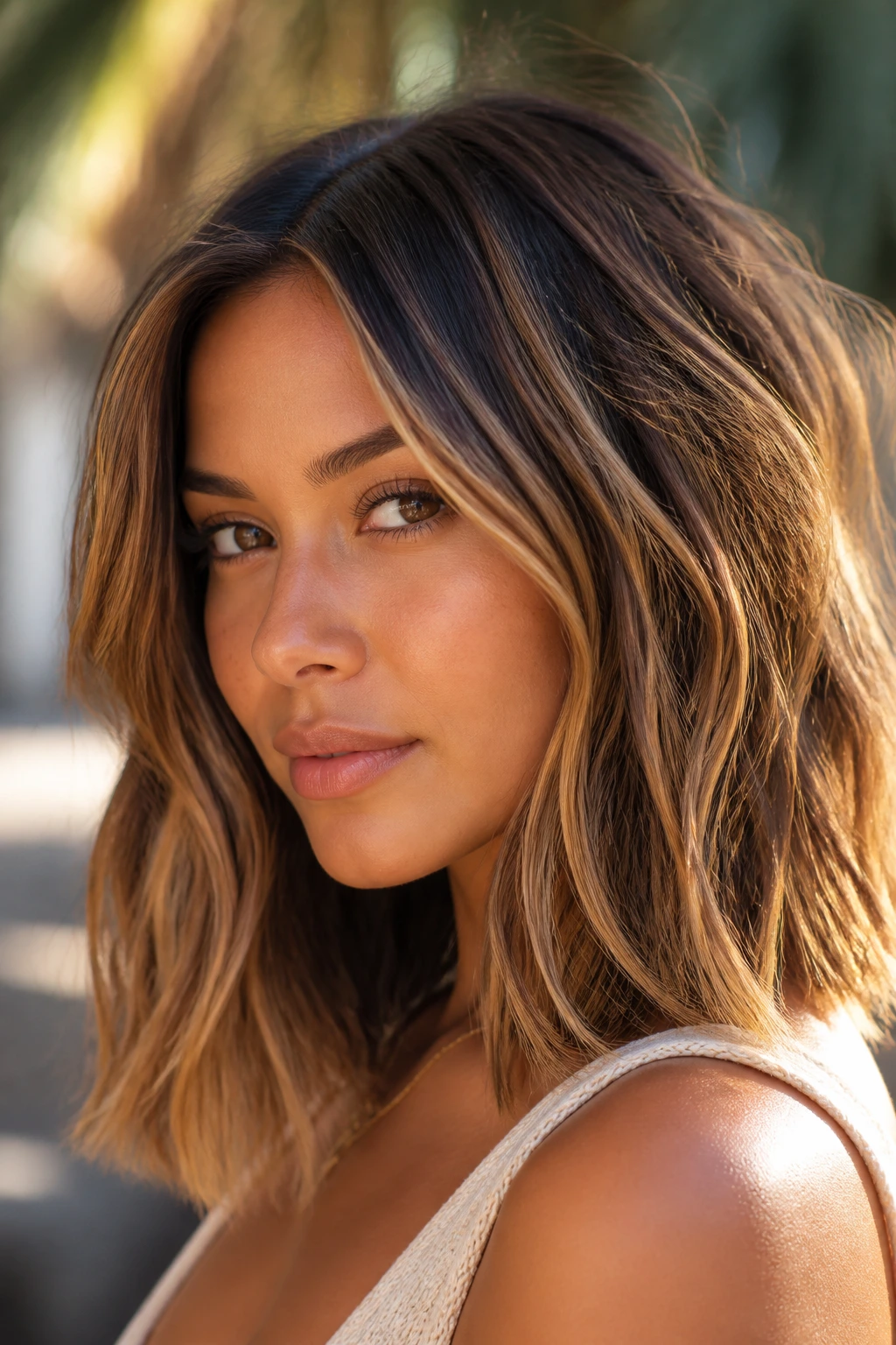 Close-up of a real woman with layered lob and honey babylights on tan skin, outdoors in warm light