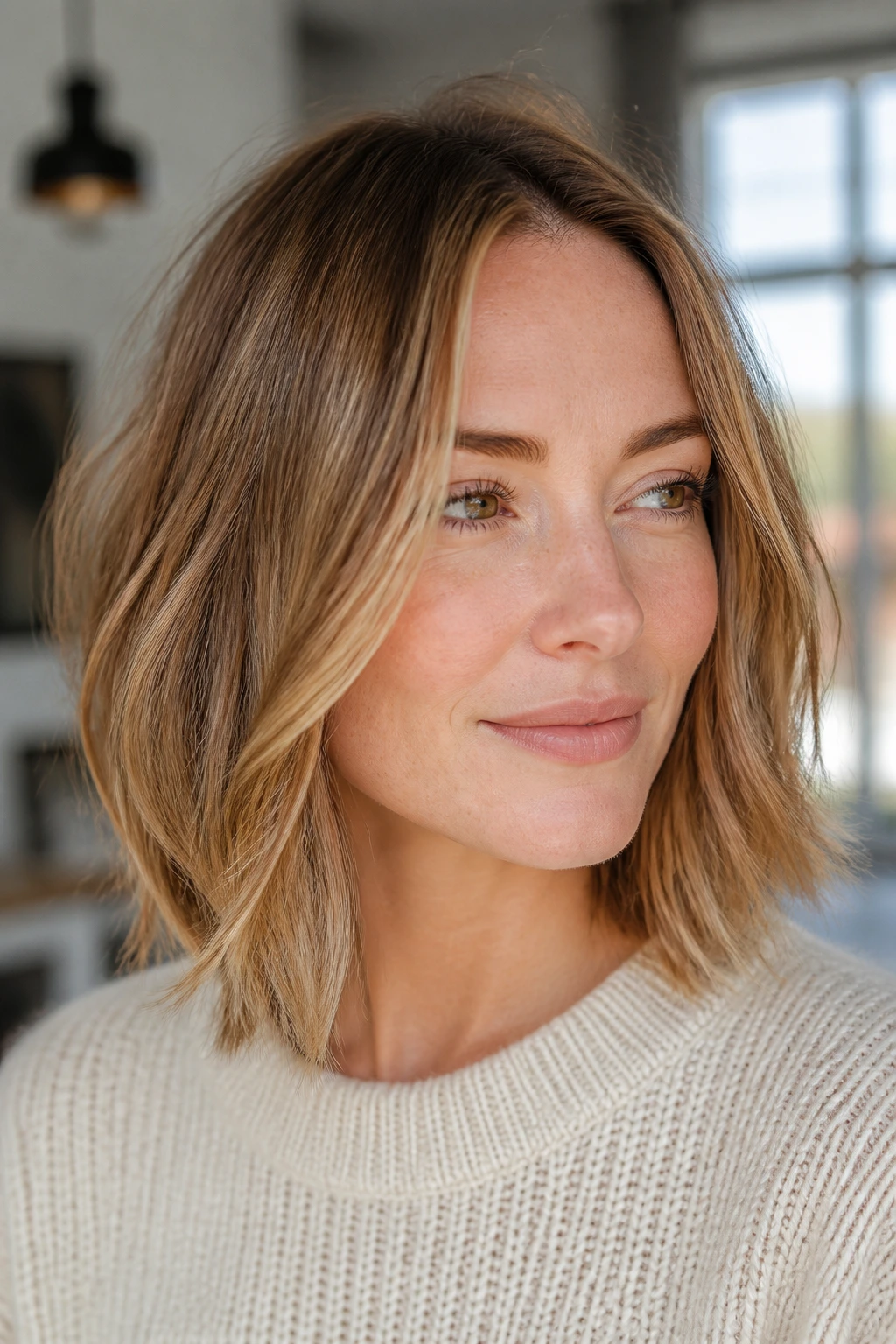 Real woman with a fine lob showing honey babylights for subtle dimension