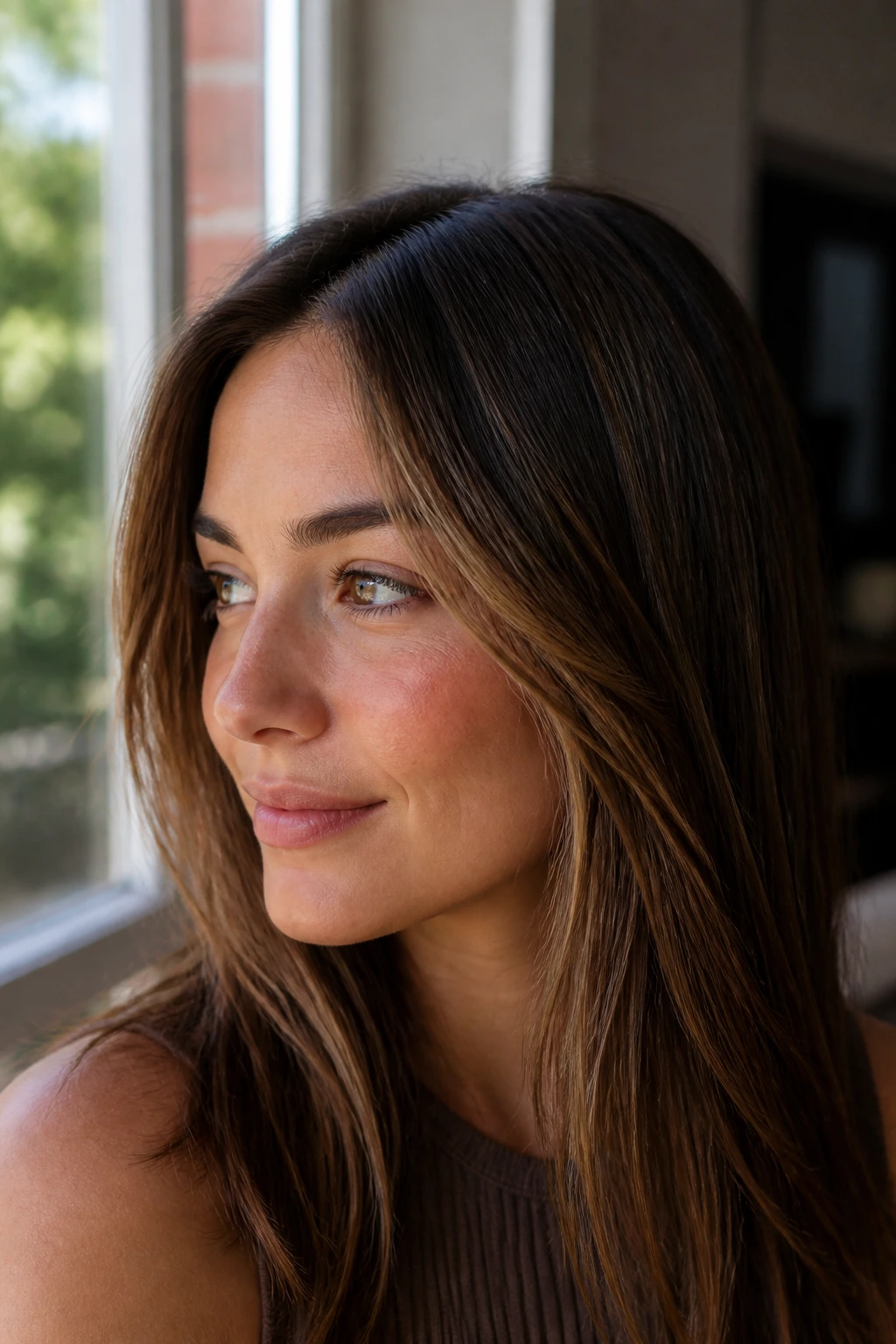 Brunette with subtle honey babylights creating a natural glow