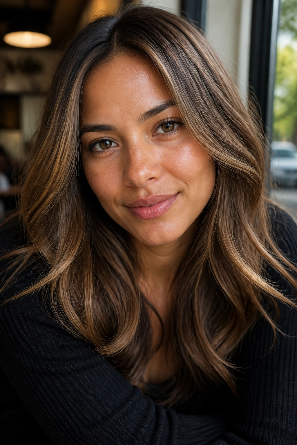 Close-up of a woman with tiny honey babylights for warmth.